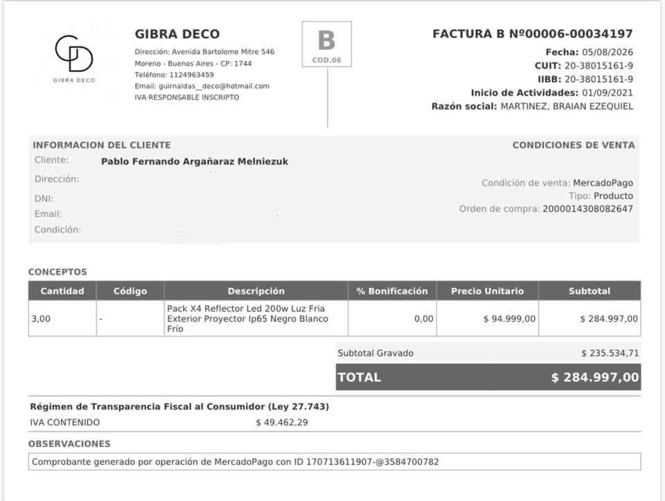 Boleta original de J.I.R.: 12 reflectores, total $284.997